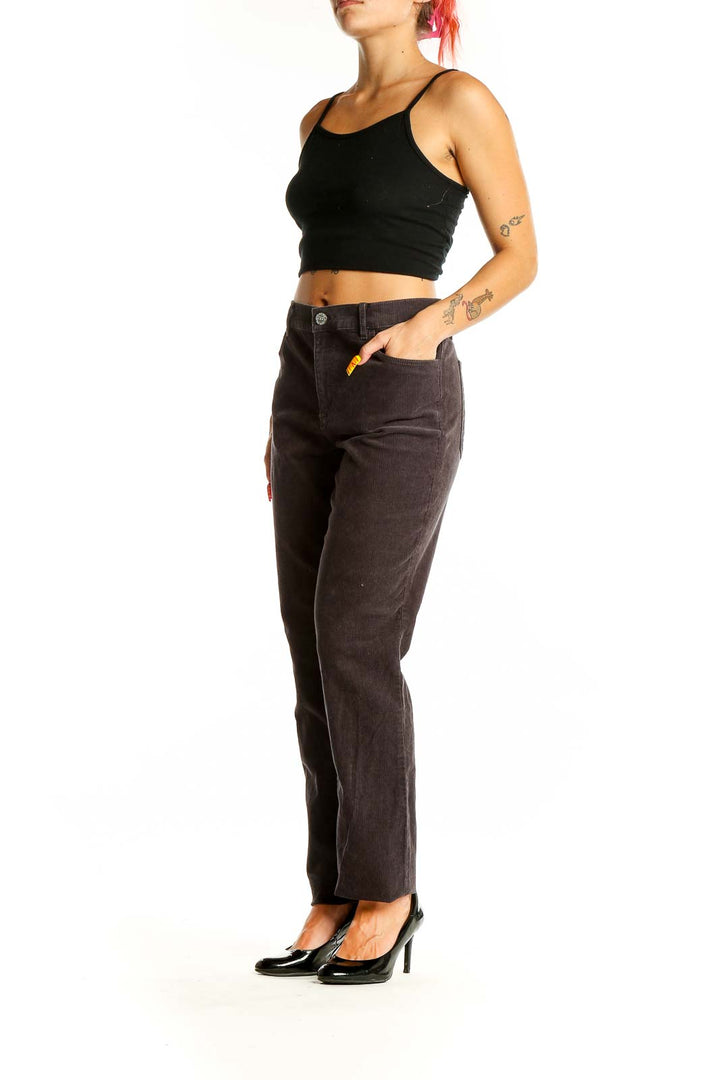 Front view of Ann Taylor LOFT brown corduroy straight-leg pants