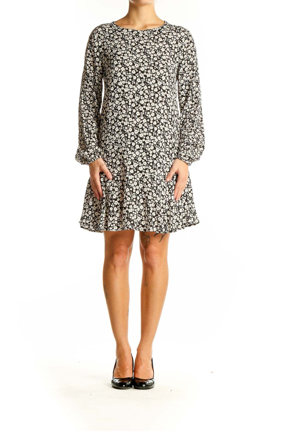 Front view of Gap black floral print mini dress with long sleeves