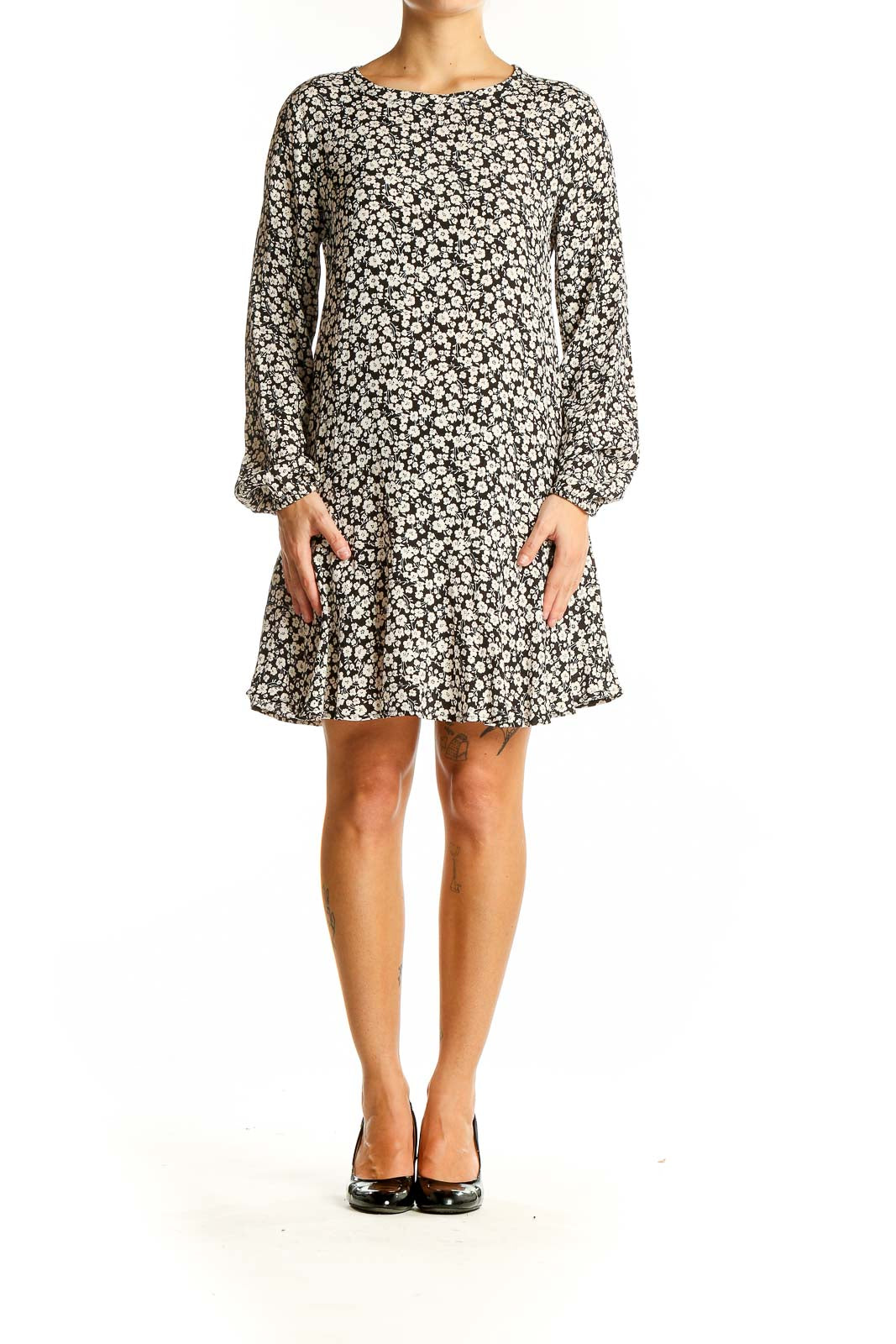 Front view of Gap black floral print mini dress with long sleeves