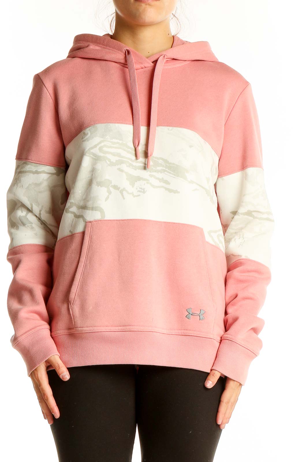 Front view of pink and white Under Armour color block hoodie