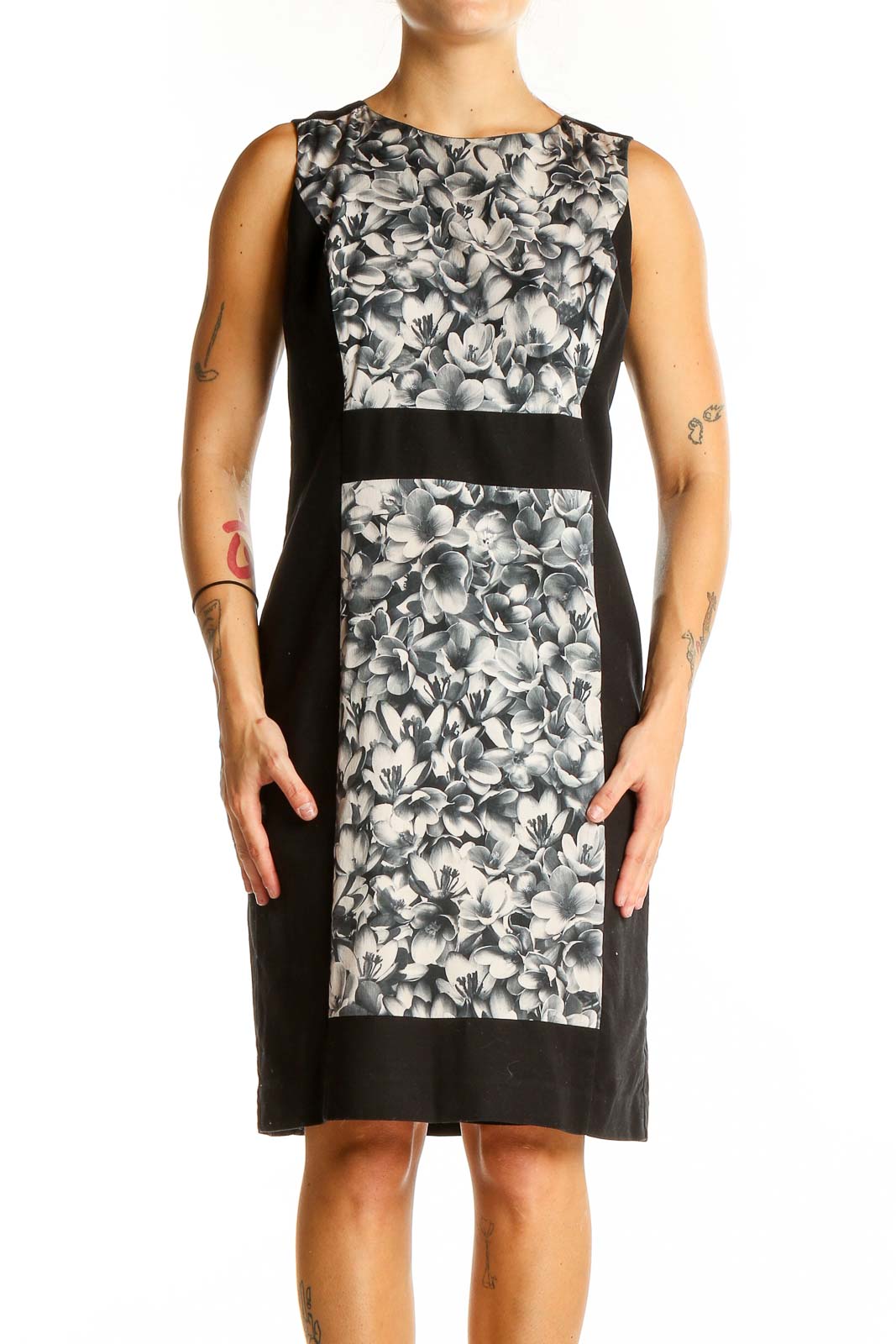 Front view of MICHAEL Michael Kors black and white floral sheath dress