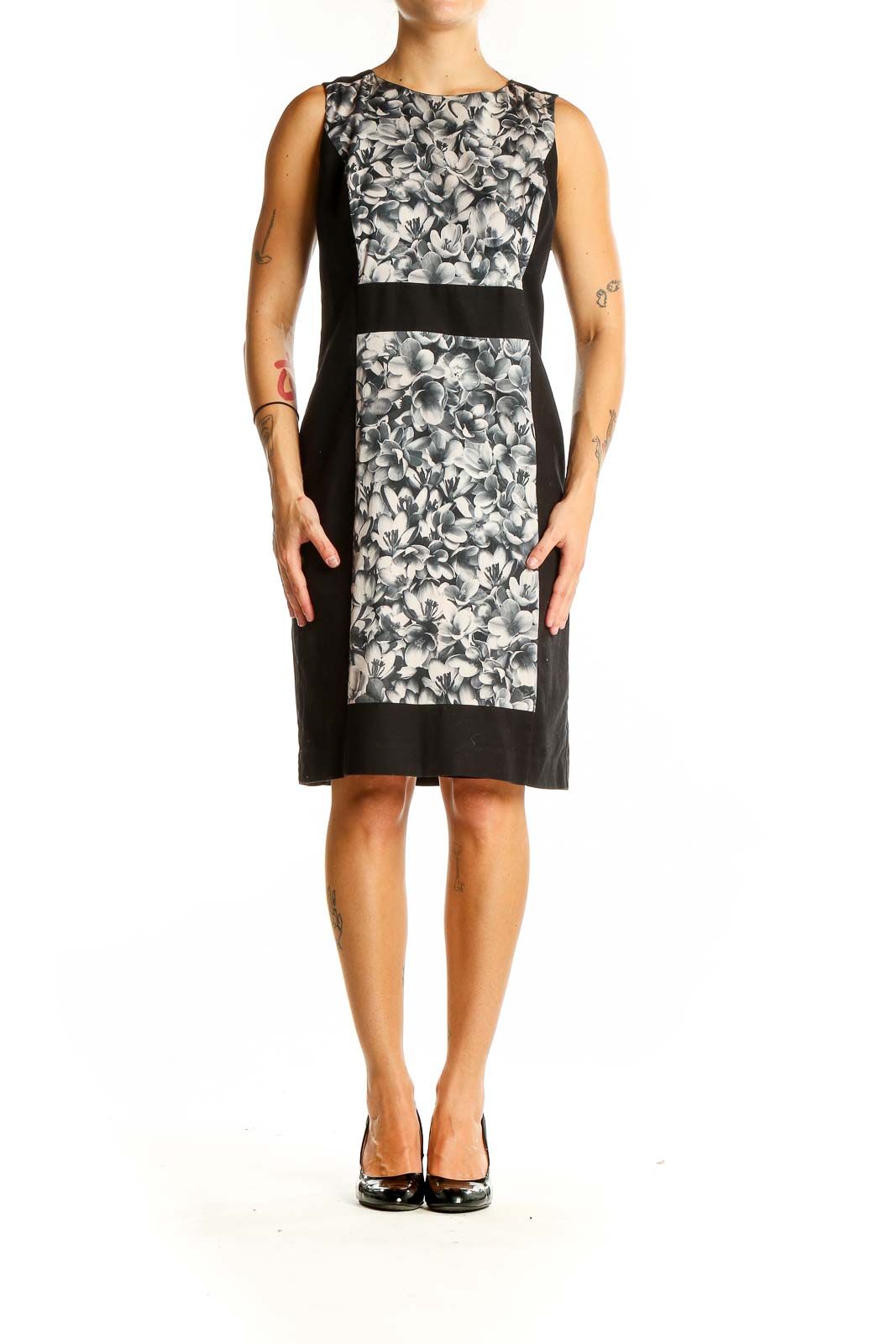 Front view of MICHAEL Michael Kors black and white floral sheath dress