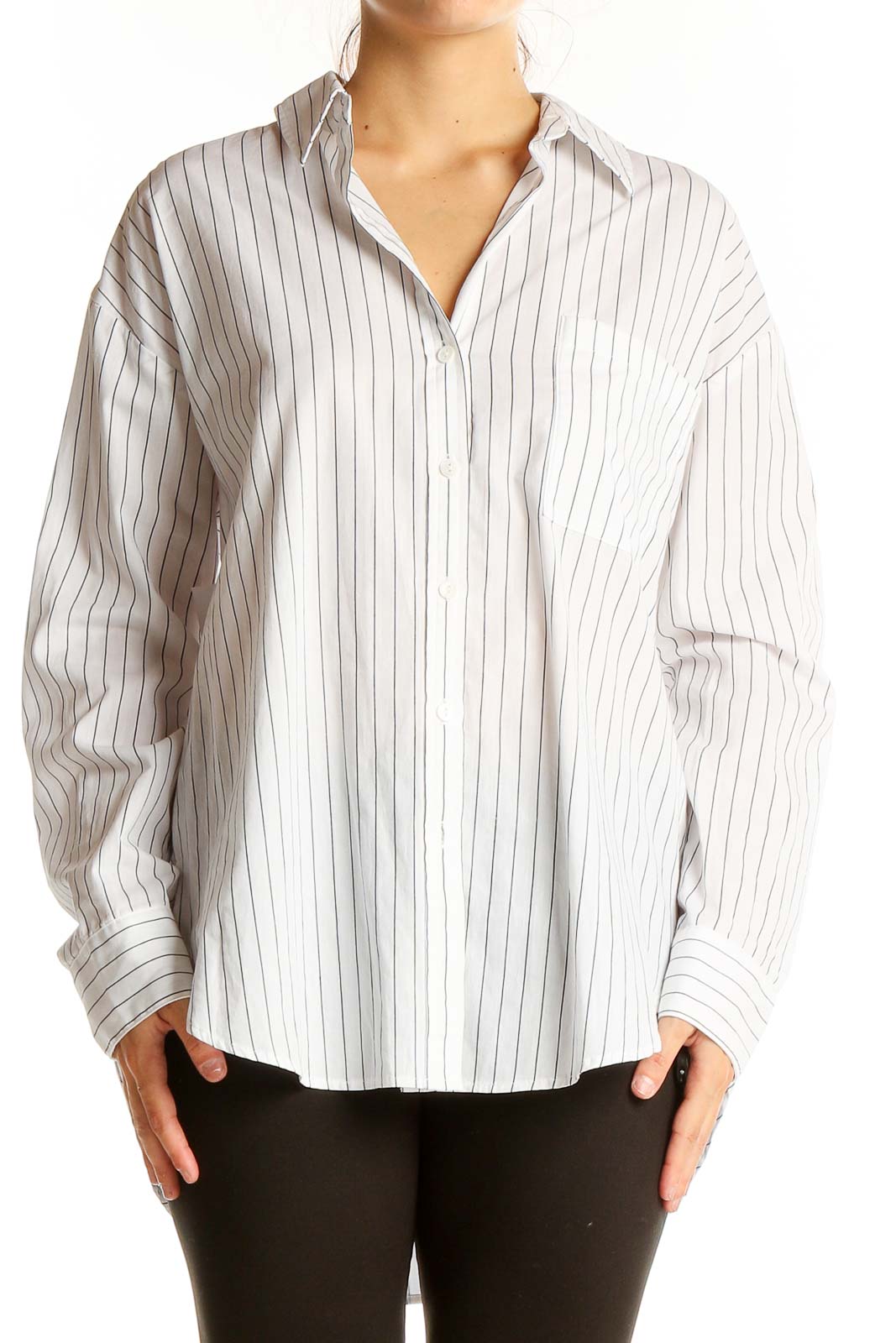 Front view of Sanctuary white pinstriped cotton button-down shirt