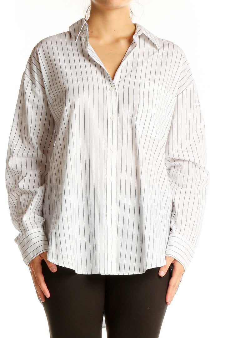 Front view of Sanctuary white pinstriped cotton button-down shirt