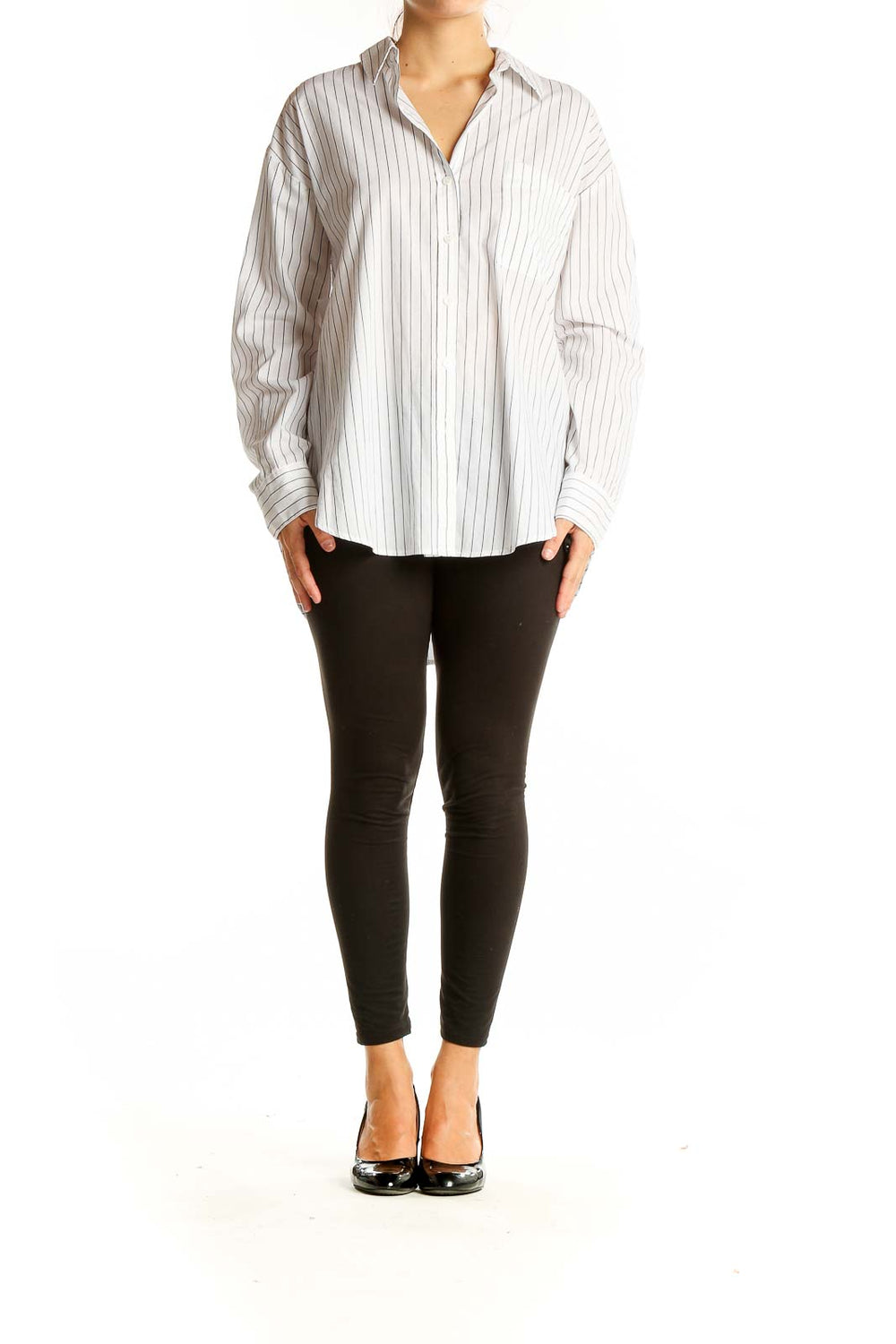 Front view of Sanctuary white pinstriped cotton button-down shirt