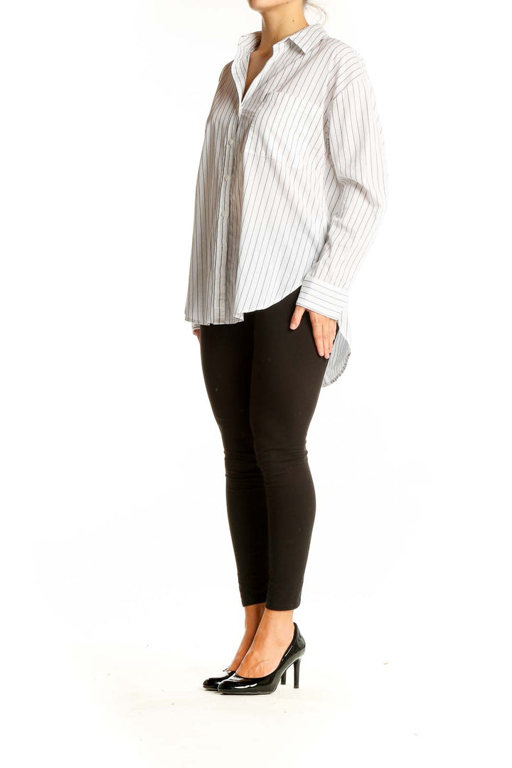 Front view of Sanctuary white pinstriped cotton button-down shirt