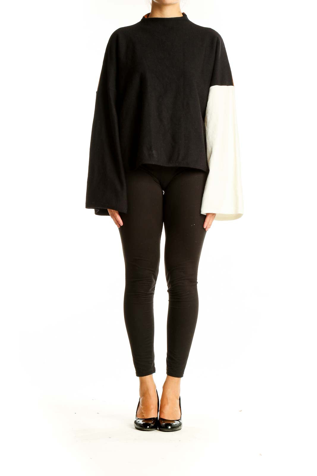 Front view of Modern Citizen black and white color block knit sweater with mock neck