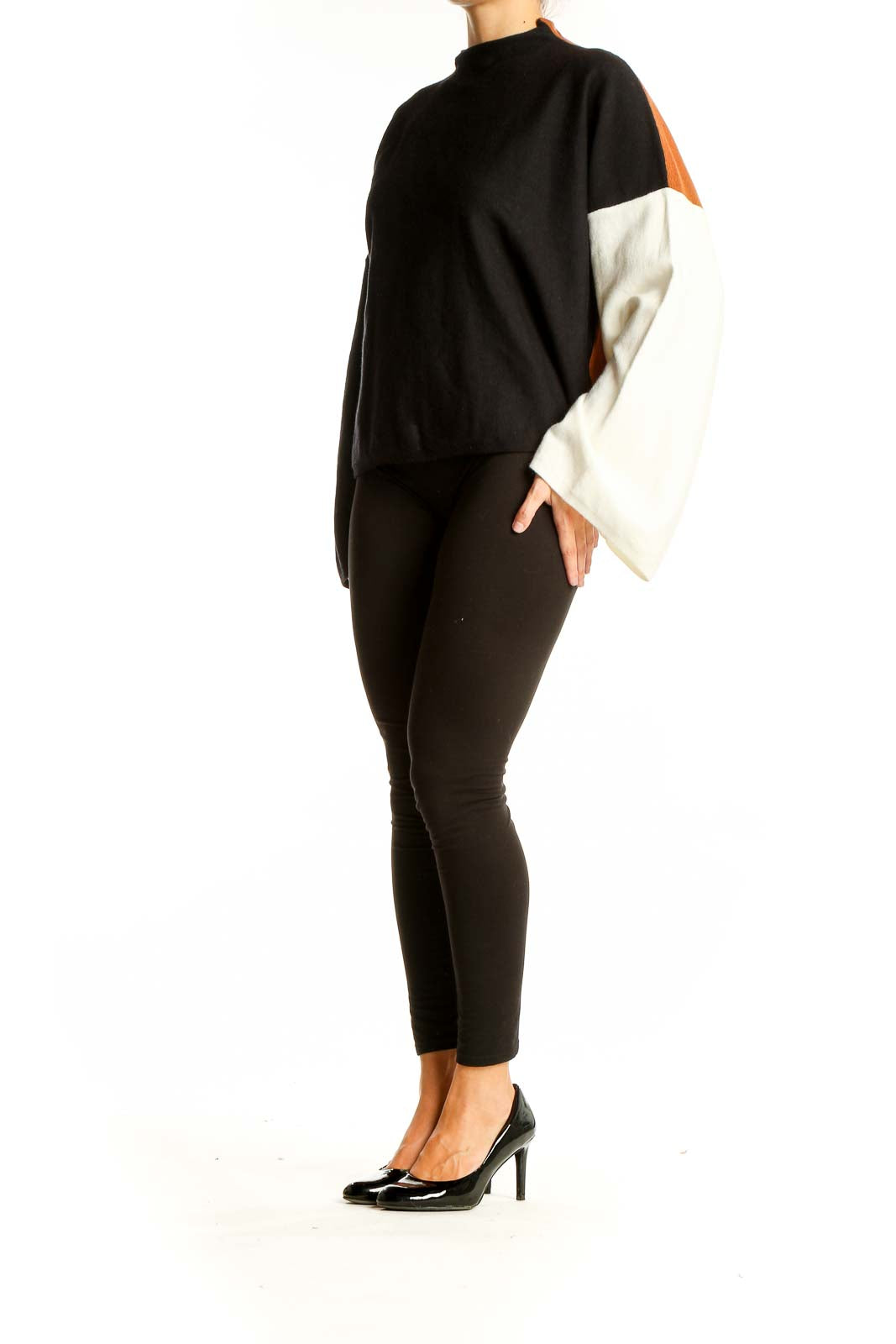 Front view of Modern Citizen black and white color block knit sweater with mock neck