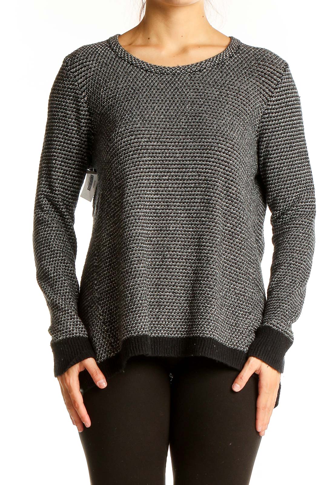 Front view of Madewell gray textured knit sweater with crew neck and long sleeves