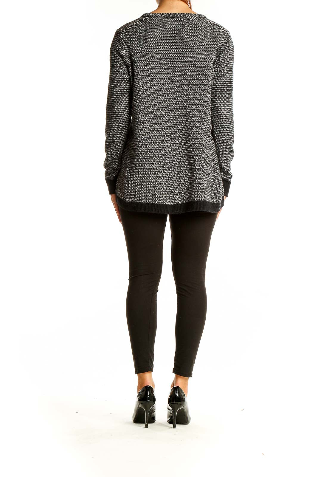 Back view of Madewell gray textured knit sweater showing slightly longer hem