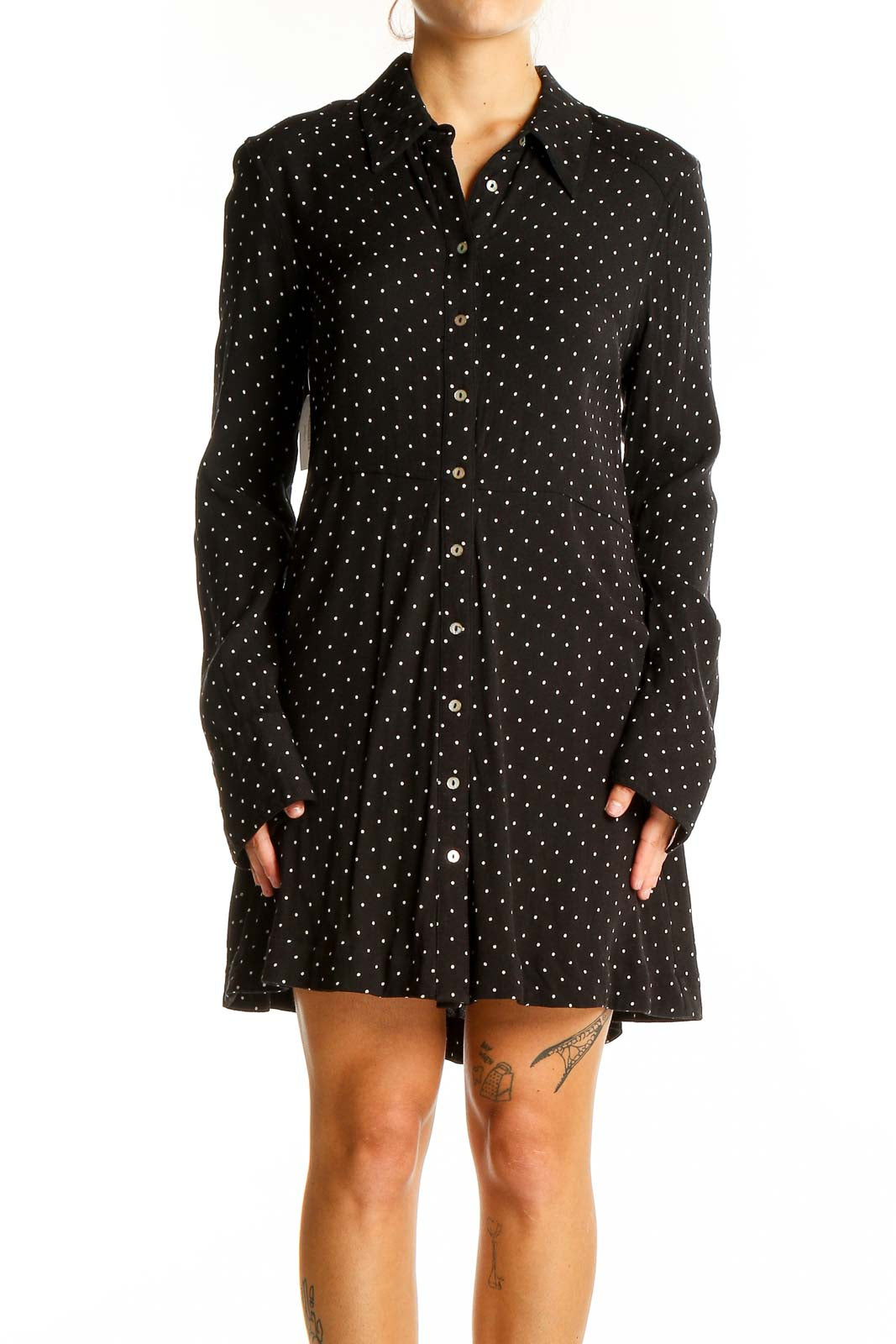 Front view of Free People black polka dot button-down shirt dress