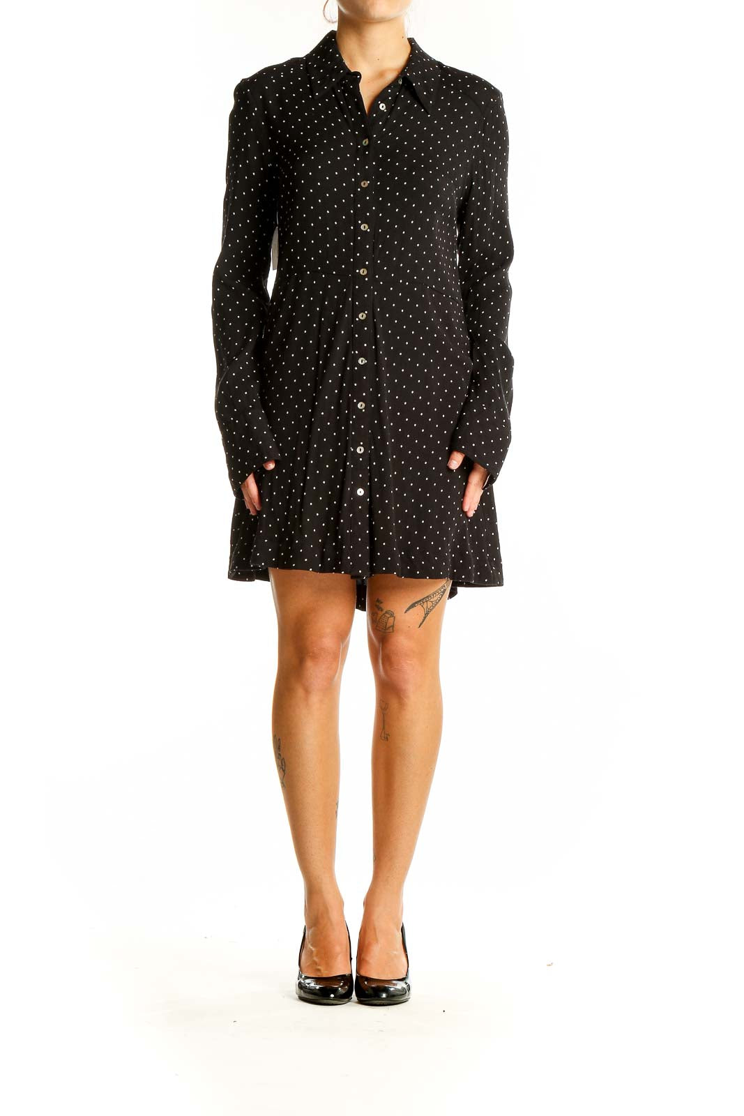 Front view of Free People black polka dot button-down shirt dress