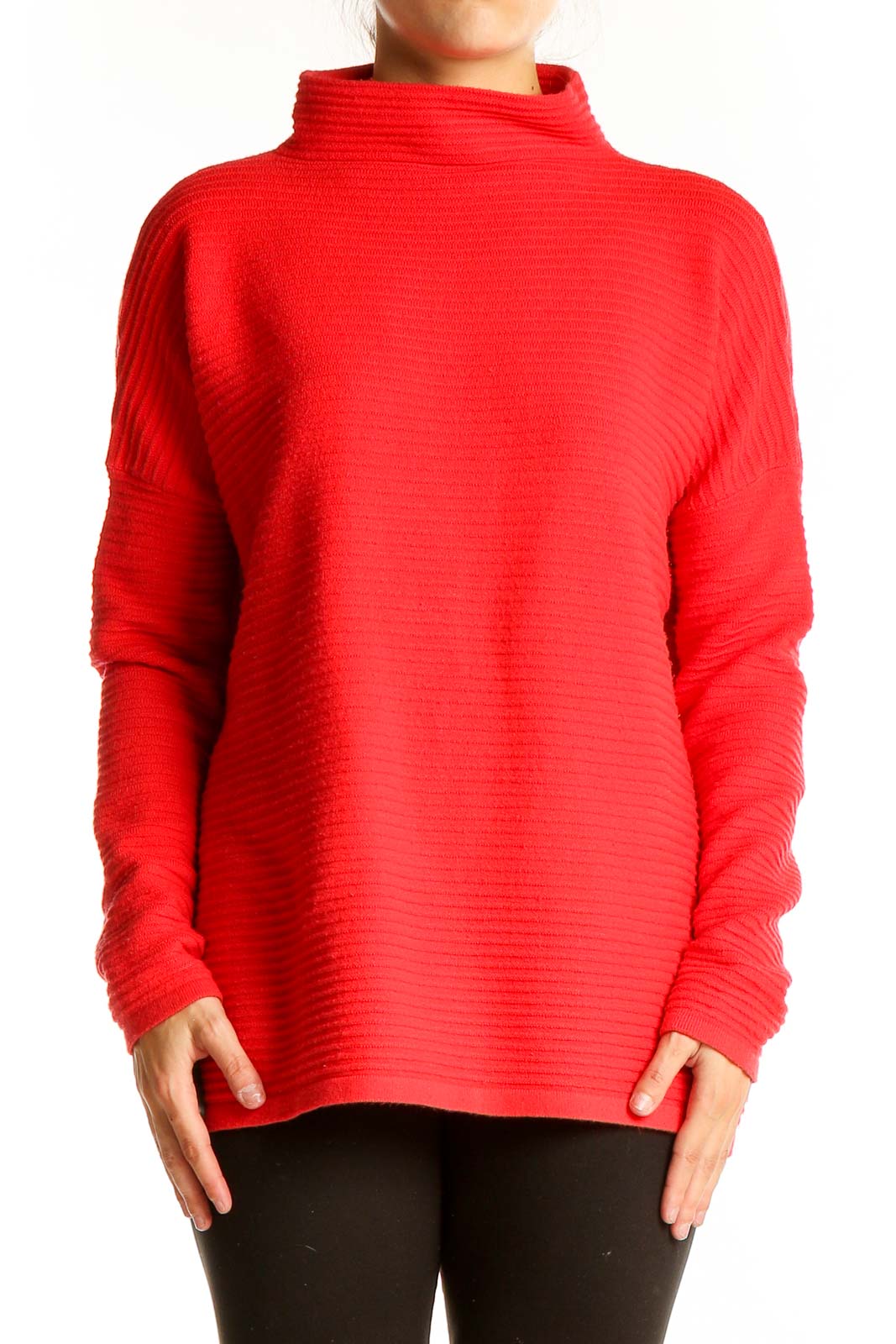 Front view of red ribbed turtleneck sweater from French Connection