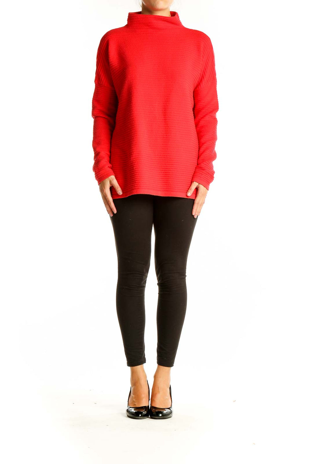 Front view of red ribbed turtleneck sweater from French Connection