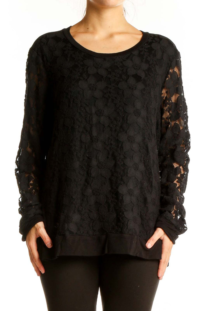 Front view of Adrianna Papell black floral lace long sleeve top