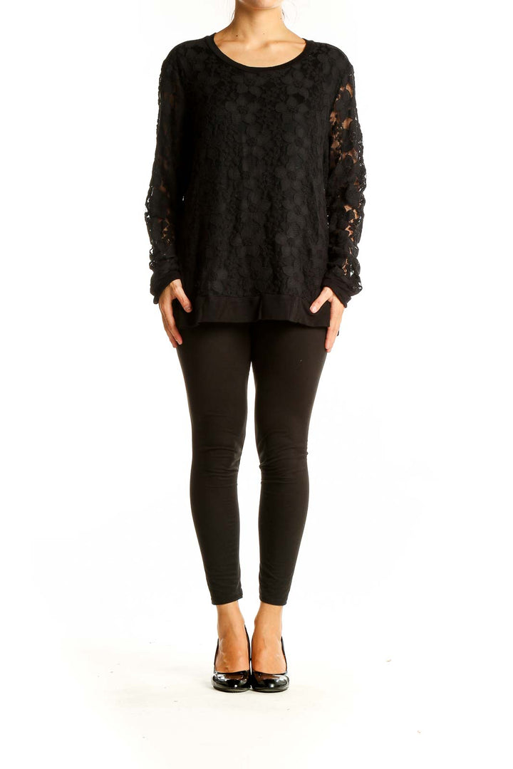 Front view of Adrianna Papell black floral lace long sleeve top