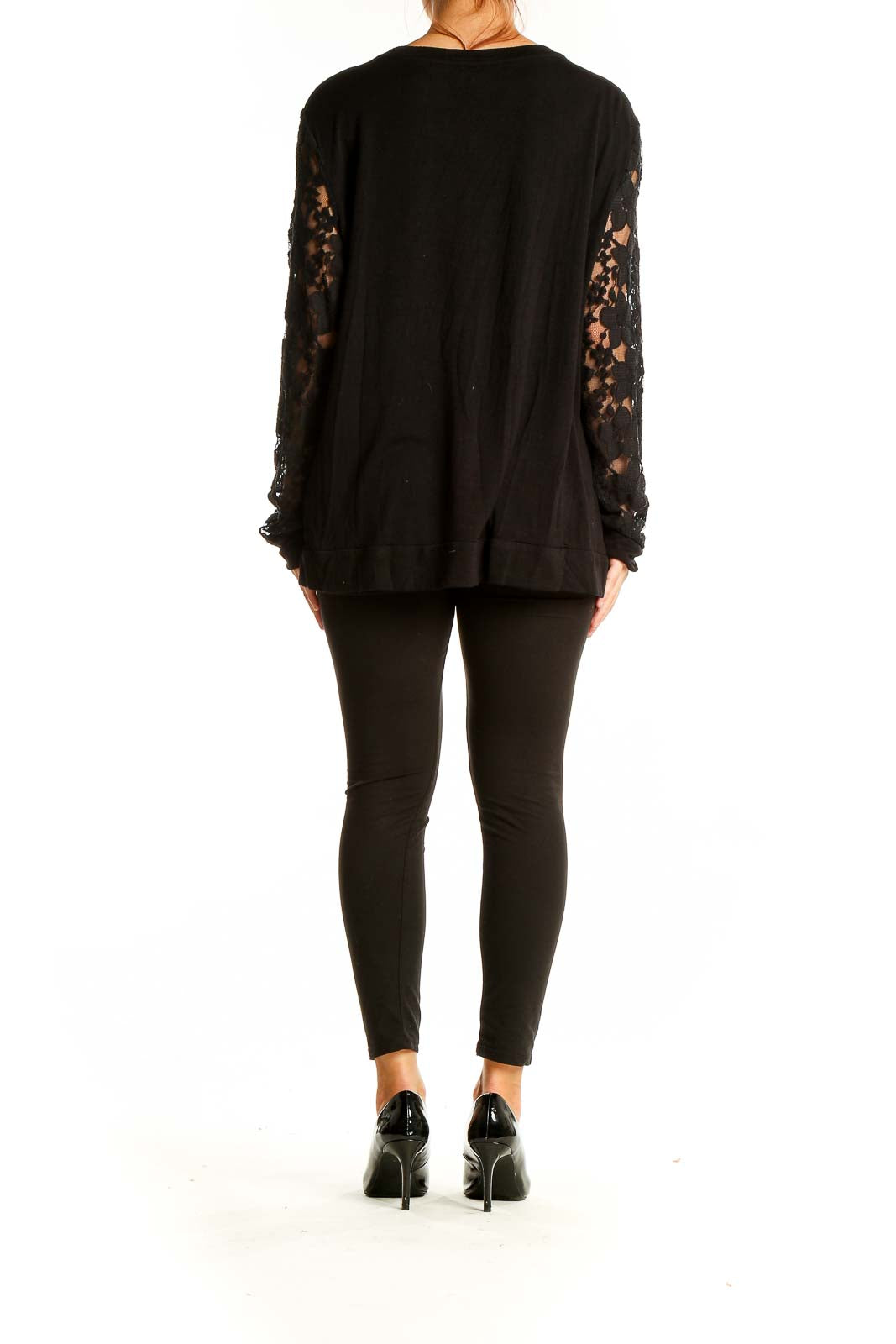 Back view of Adrianna Papell black floral lace long sleeve top