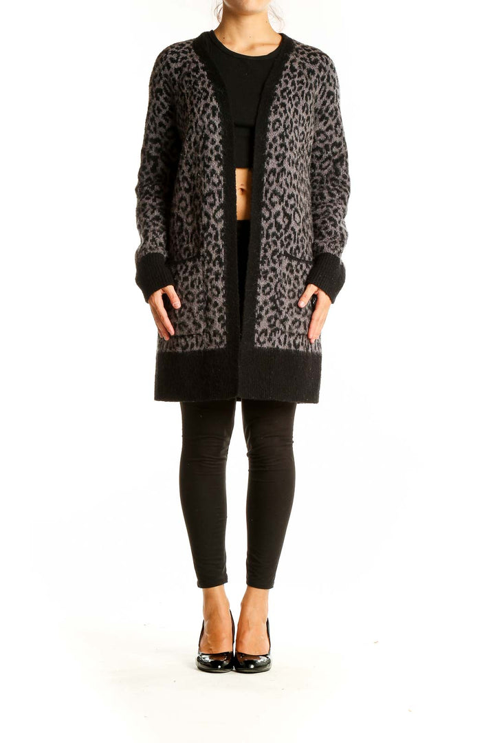 Front view of Gray Leopard Print Knit Cardigan from Lucky Brand