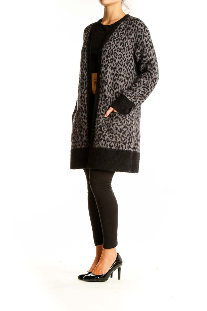 Front view of Gray Leopard Print Knit Cardigan from Lucky Brand