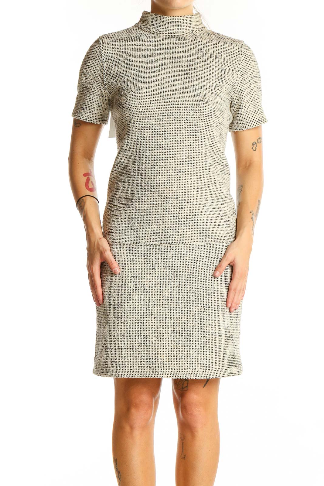 Front view of Billy Reid beige textured short sleeve sheath dress