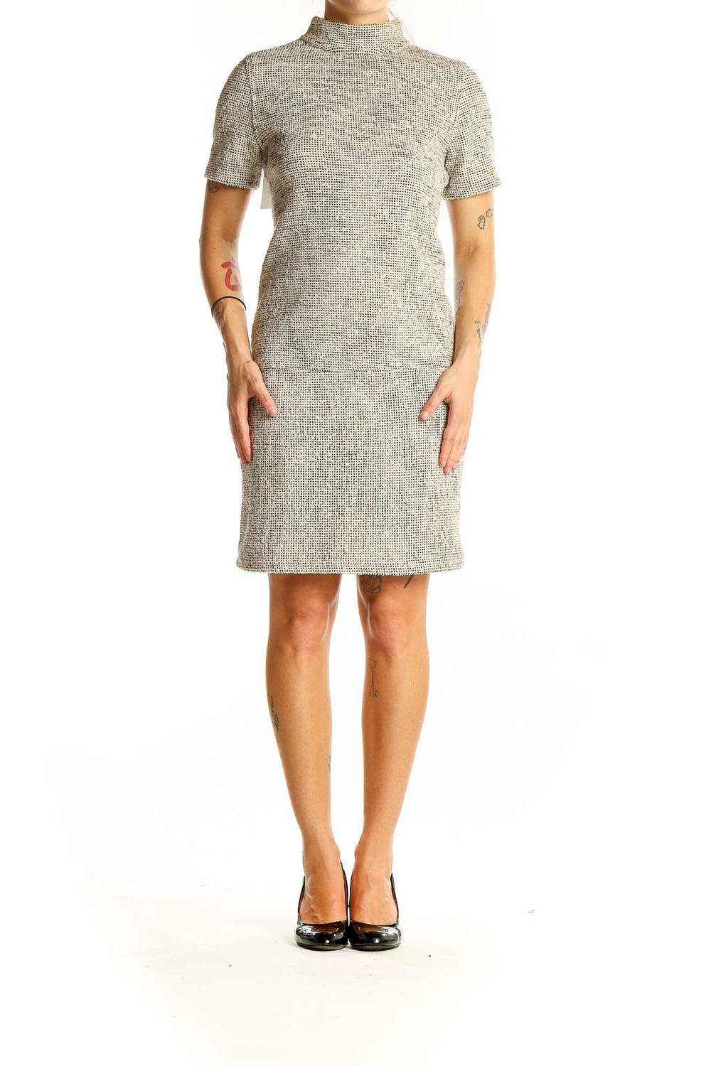 Front view of Billy Reid beige textured short sleeve sheath dress