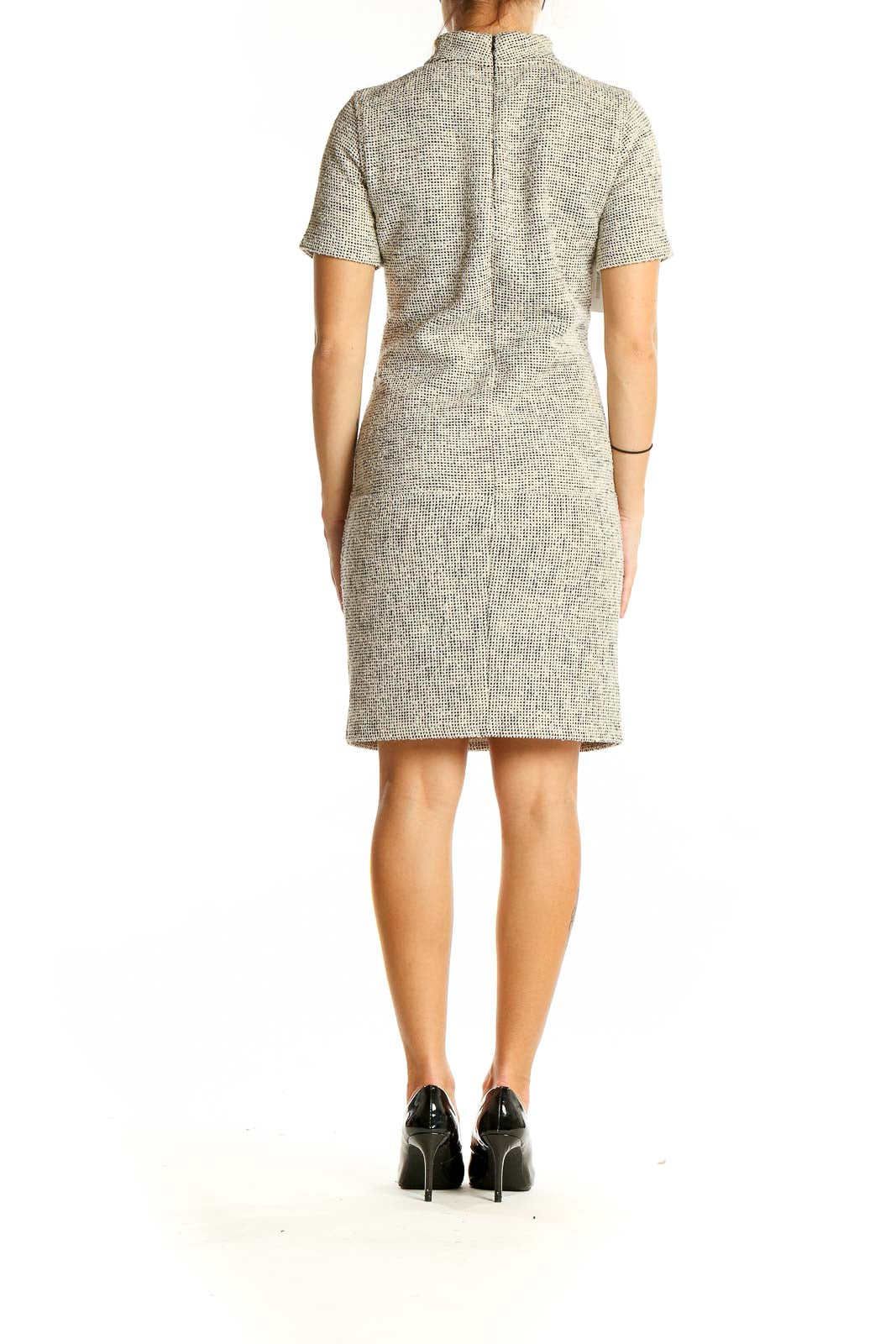 Back view of Billy Reid beige textured short sleeve sheath dress with zipper closure