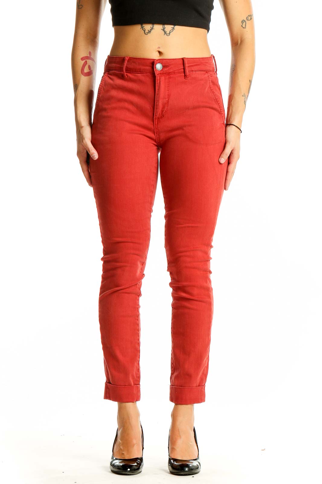 Front view of Cosmic Blue Love red ankle-length slim fit jeans