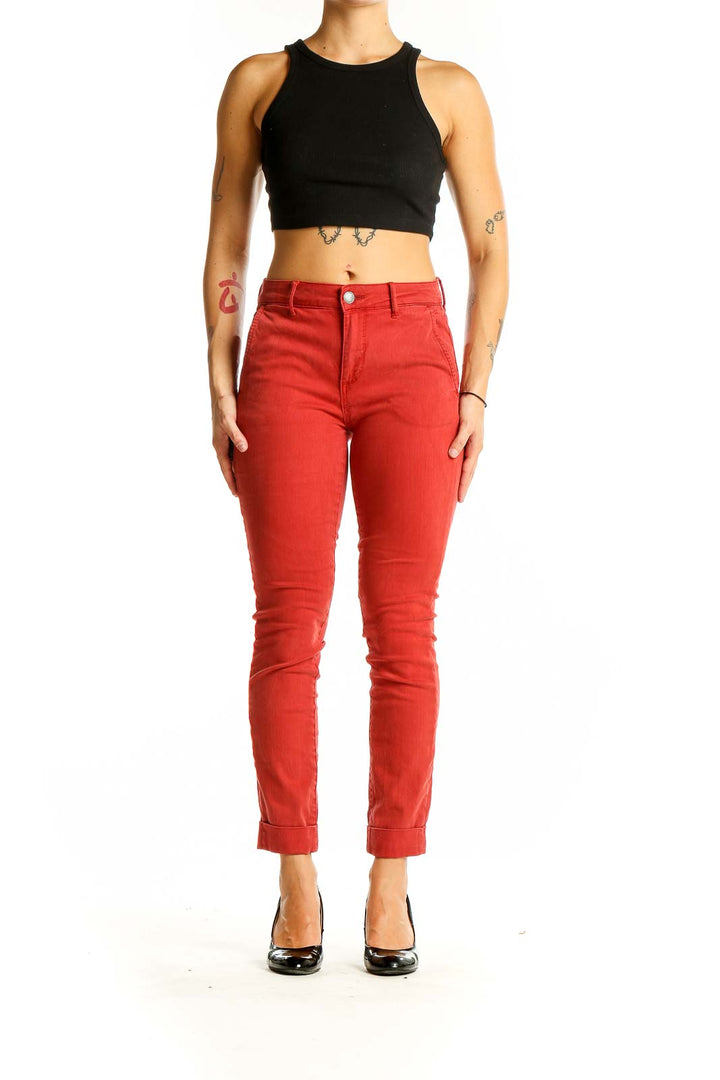 Front view of Cosmic Blue Love red ankle-length slim fit jeans