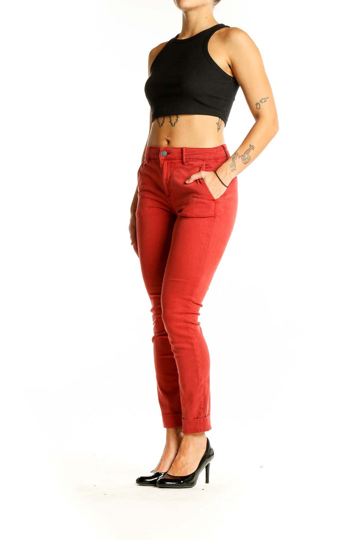 Front view of Cosmic Blue Love red ankle-length slim fit jeans