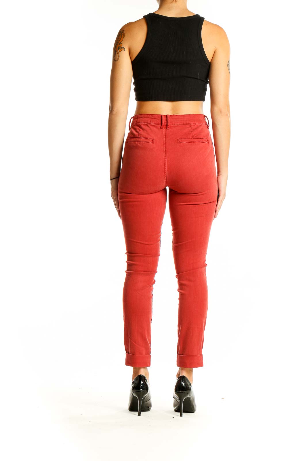 Back view of Cosmic Blue Love red ankle-length slim fit jeans