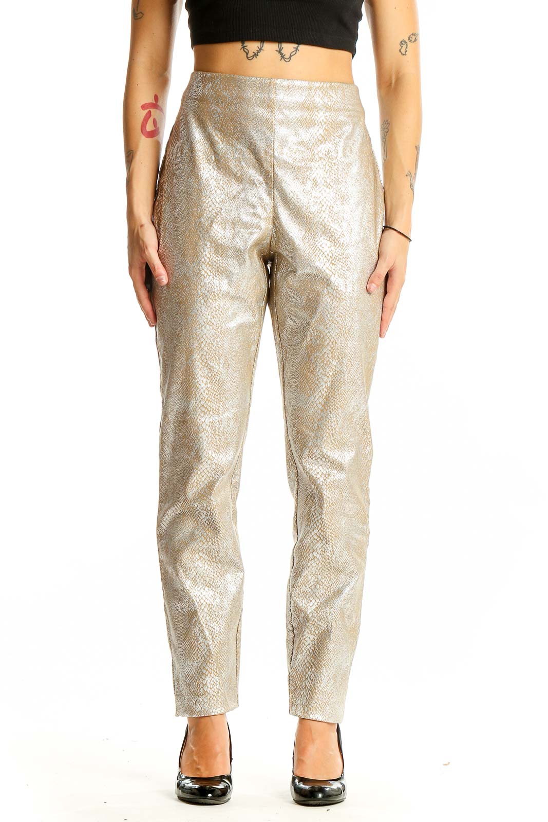 Front view of International Concepts metallic gold snakeskin print pants