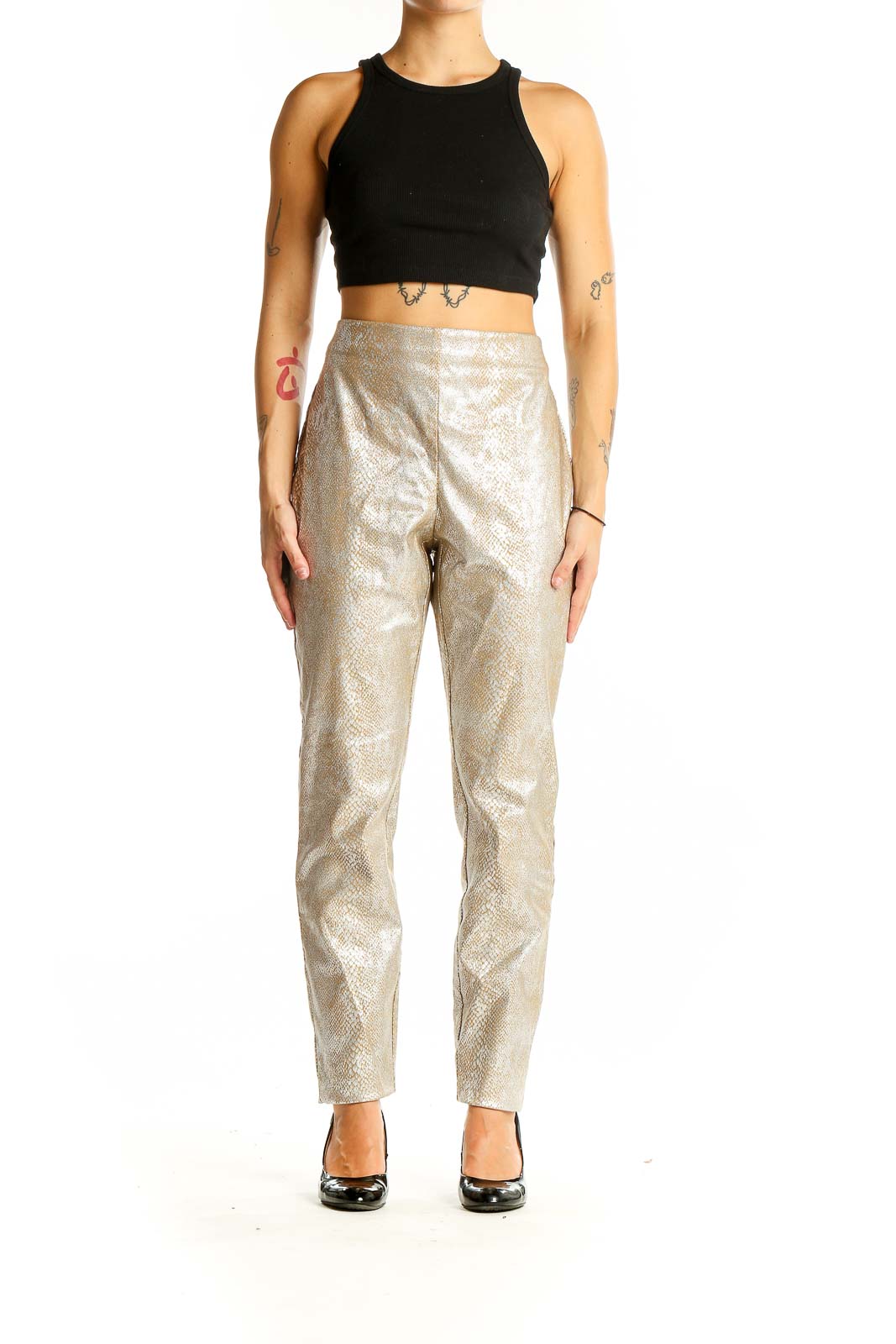 Front view of International Concepts metallic gold snakeskin print pants