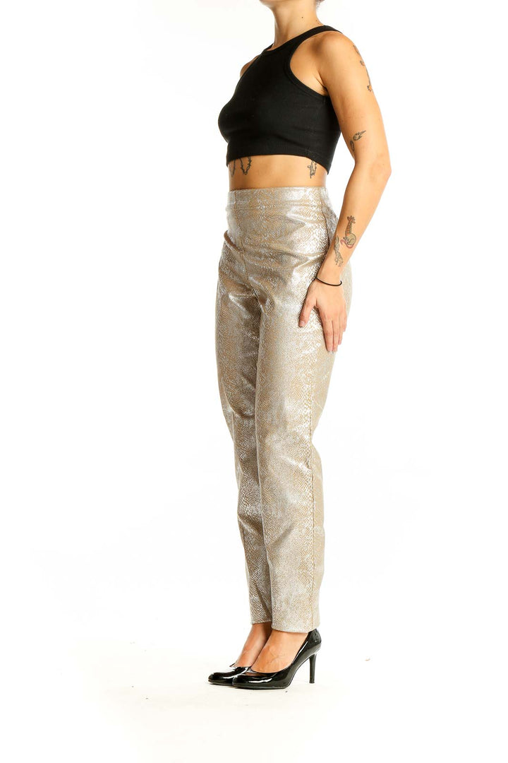 Front view of International Concepts metallic gold snakeskin print pants