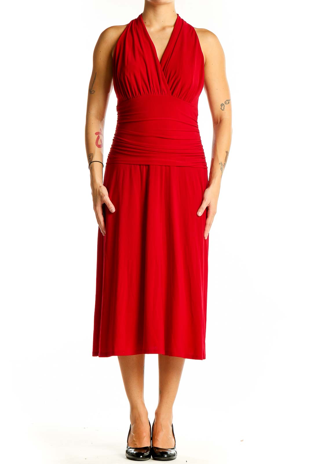 Front view of red halter neck midi dress by Nine West