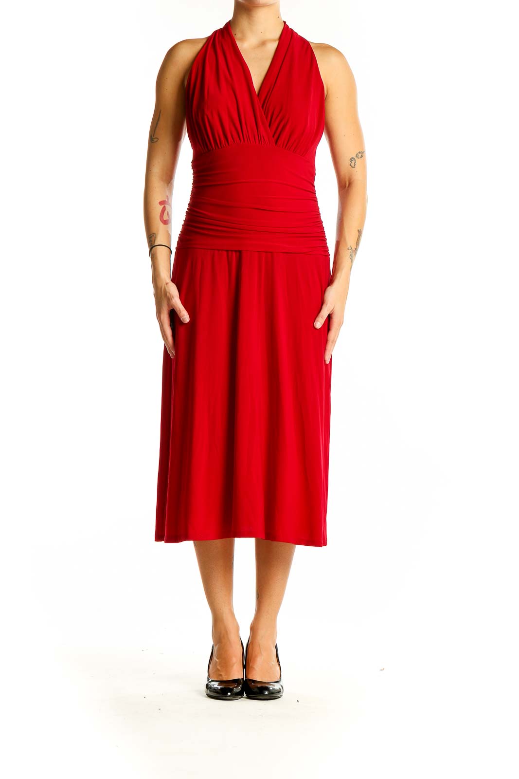 Front view of red halter neck midi dress by Nine West