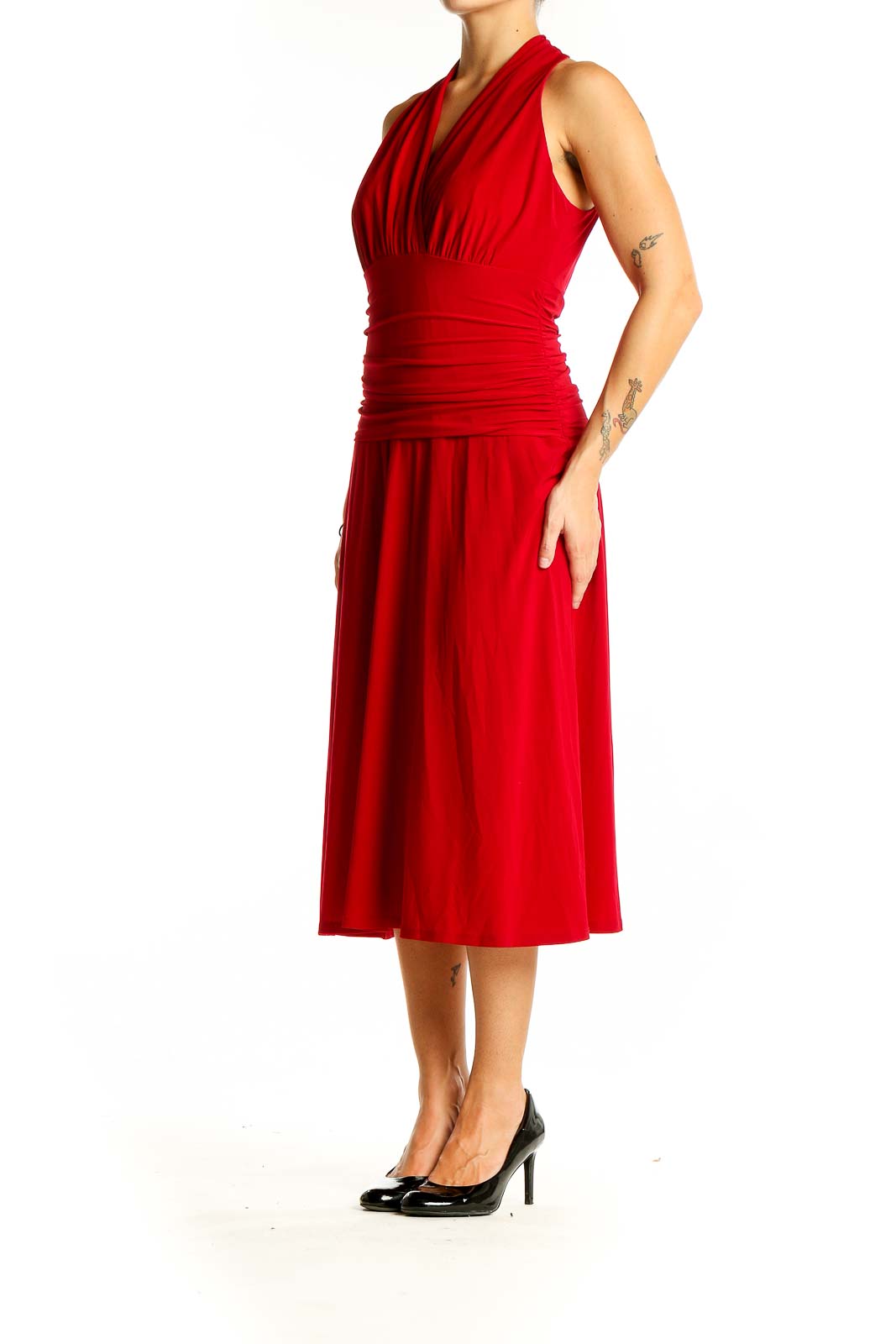 Front view of red halter neck midi dress by Nine West