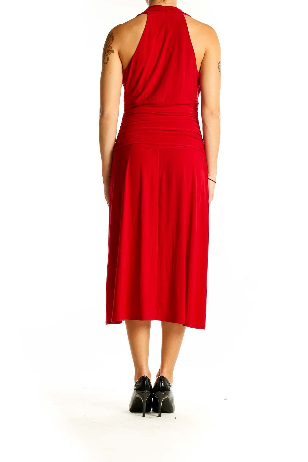 Back view of red halter neck midi dress by Nine West