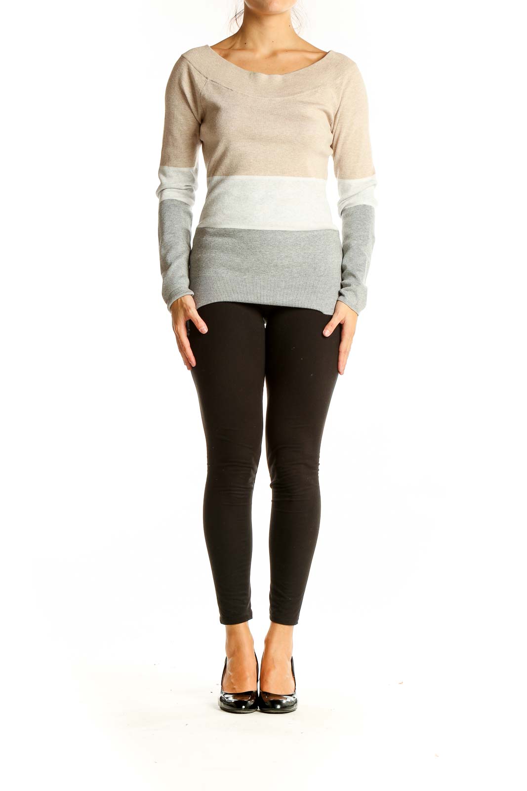 Front view of beige color block knit sweater with boat neck