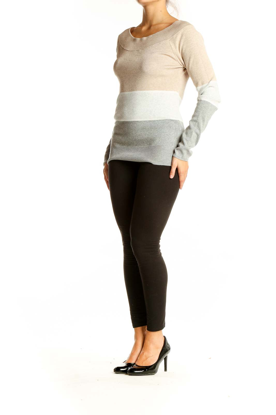 Front view of beige color block knit sweater with boat neck