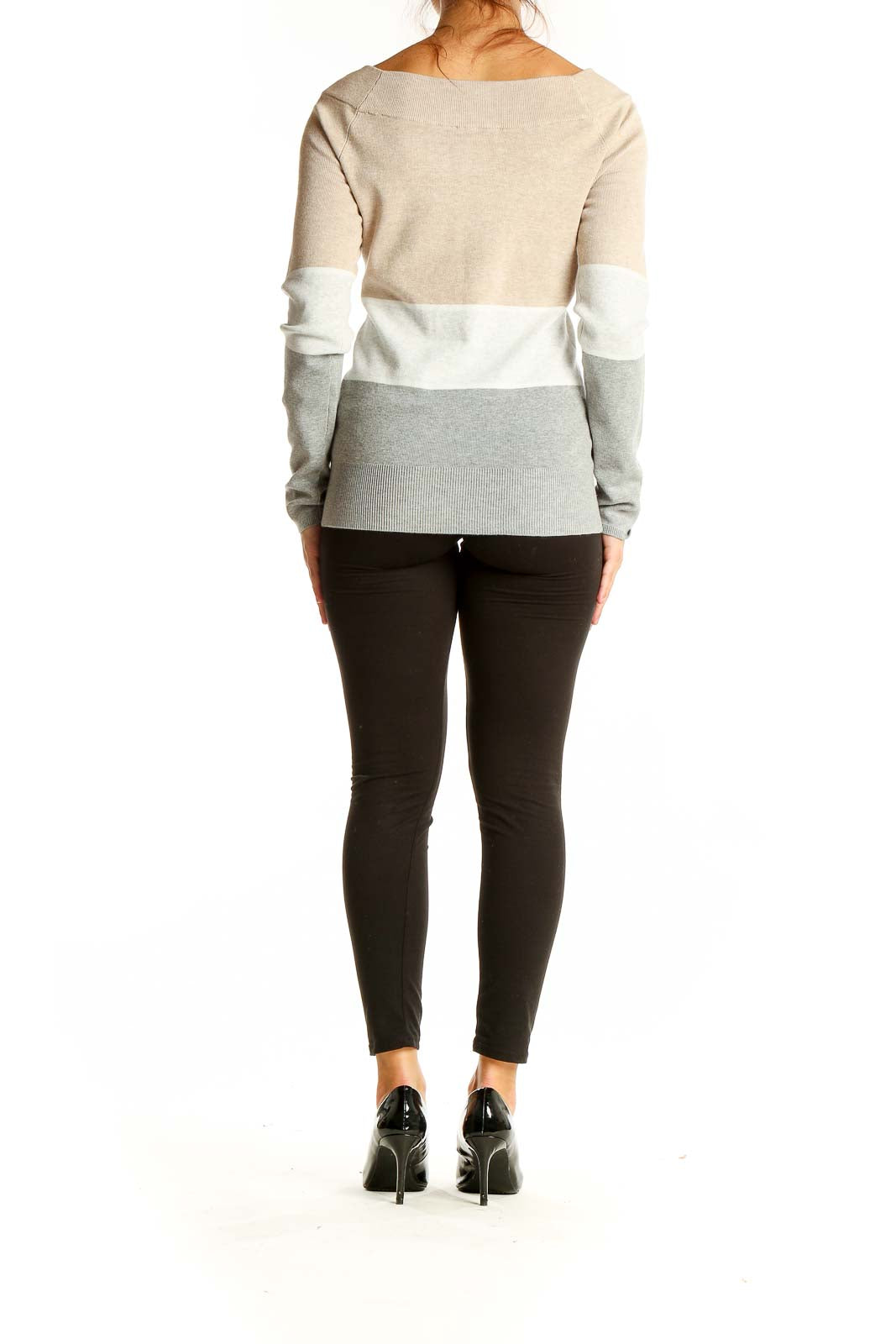 Back view of beige, white, and gray color block sweater