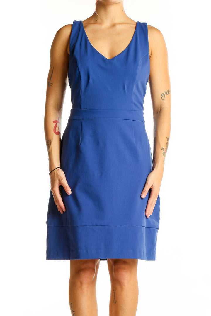 Front view of blue Cynthia Rowley V-neck sleeveless cocktail dress