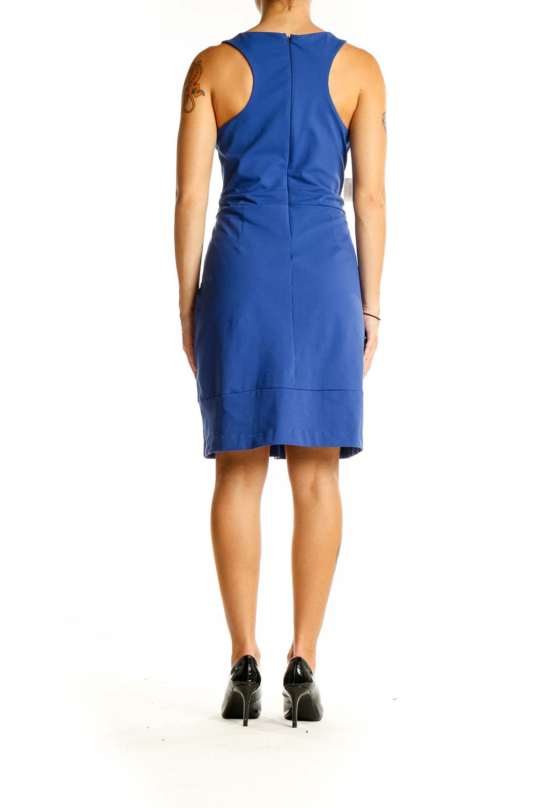 Back view of blue Cynthia Rowley sleeveless cocktail dress with zipper closure