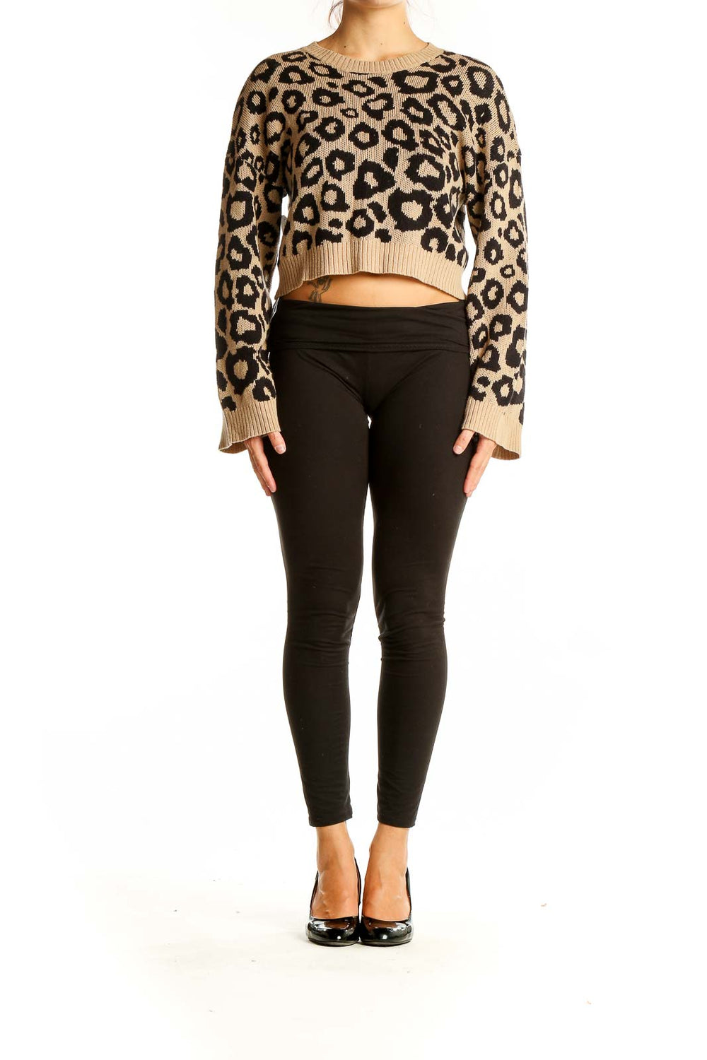 Front view of BCBGeneration tan leopard print cropped sweater