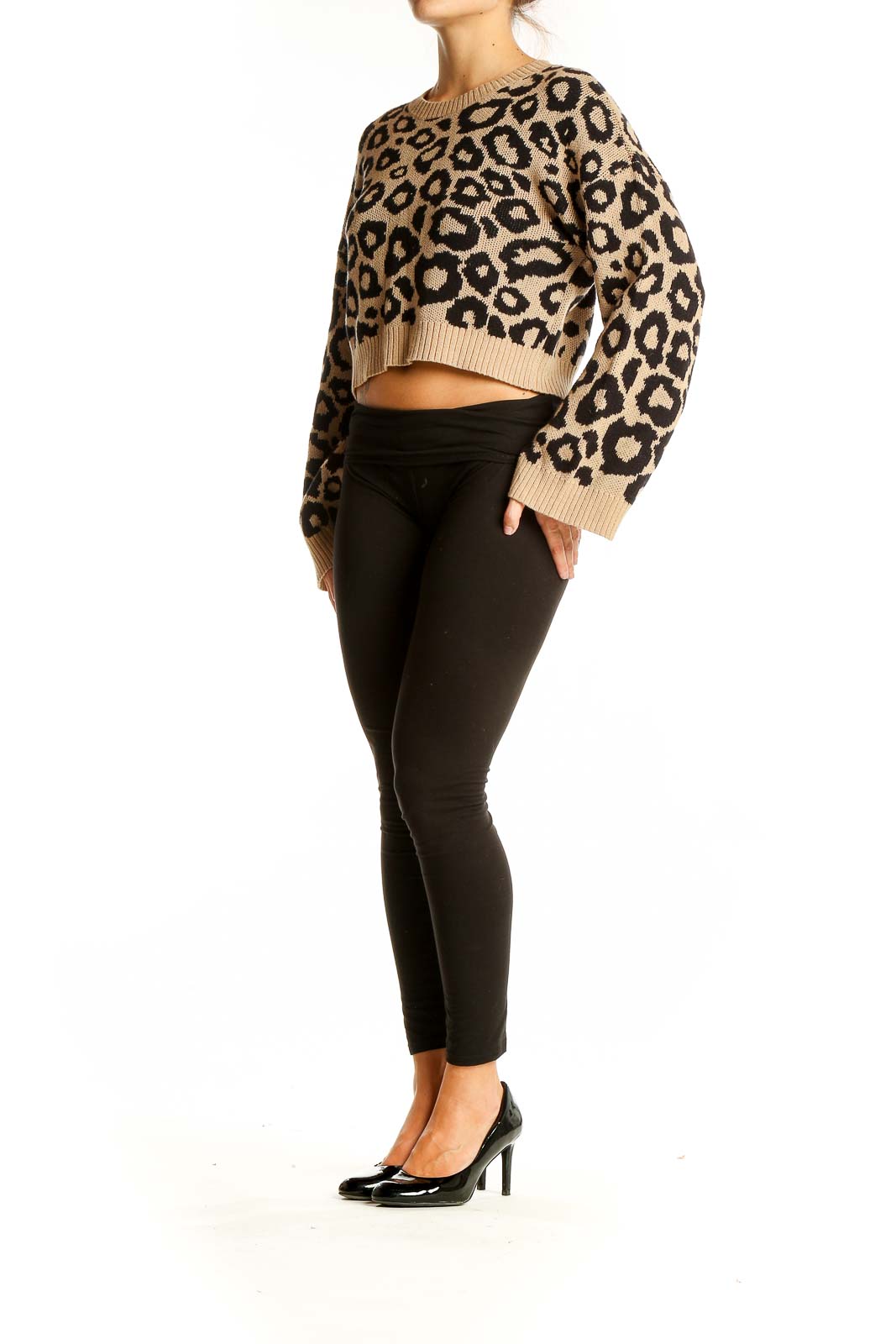 Front view of BCBGeneration tan leopard print cropped sweater