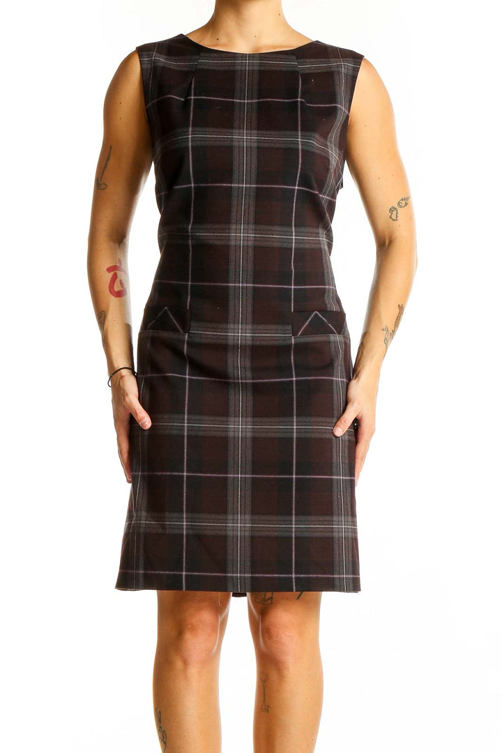 Front view of Tommy Hilfiger brown plaid sleeveless sheath dress