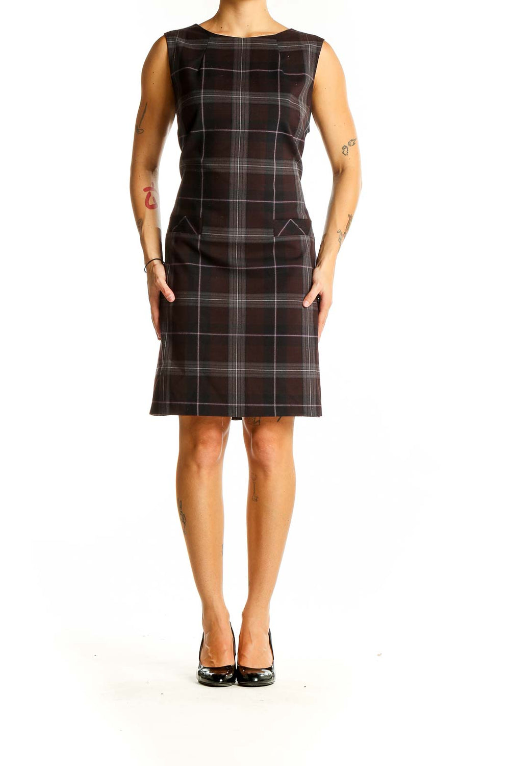 Front view of Tommy Hilfiger brown plaid sleeveless sheath dress