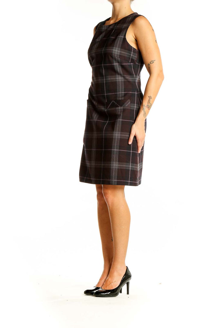 Front view of Tommy Hilfiger brown plaid sleeveless sheath dress