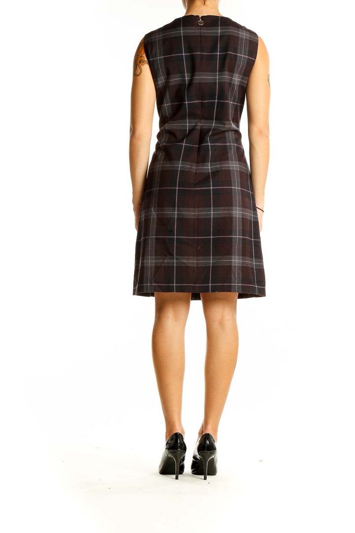 Back view of Tommy Hilfiger brown plaid sleeveless sheath dress