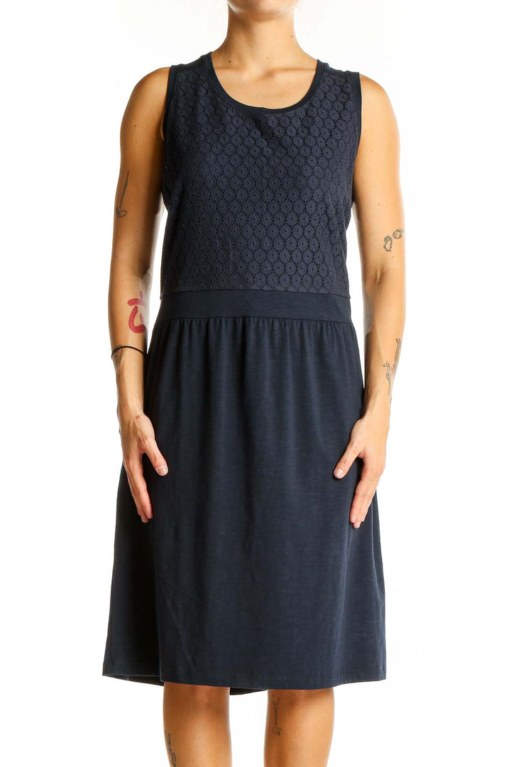 Front view of L.L.Bean navy sleeveless midi dress with textured bodice