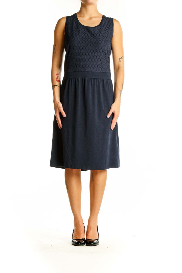 Front view of L.L.Bean navy sleeveless midi dress with textured bodice